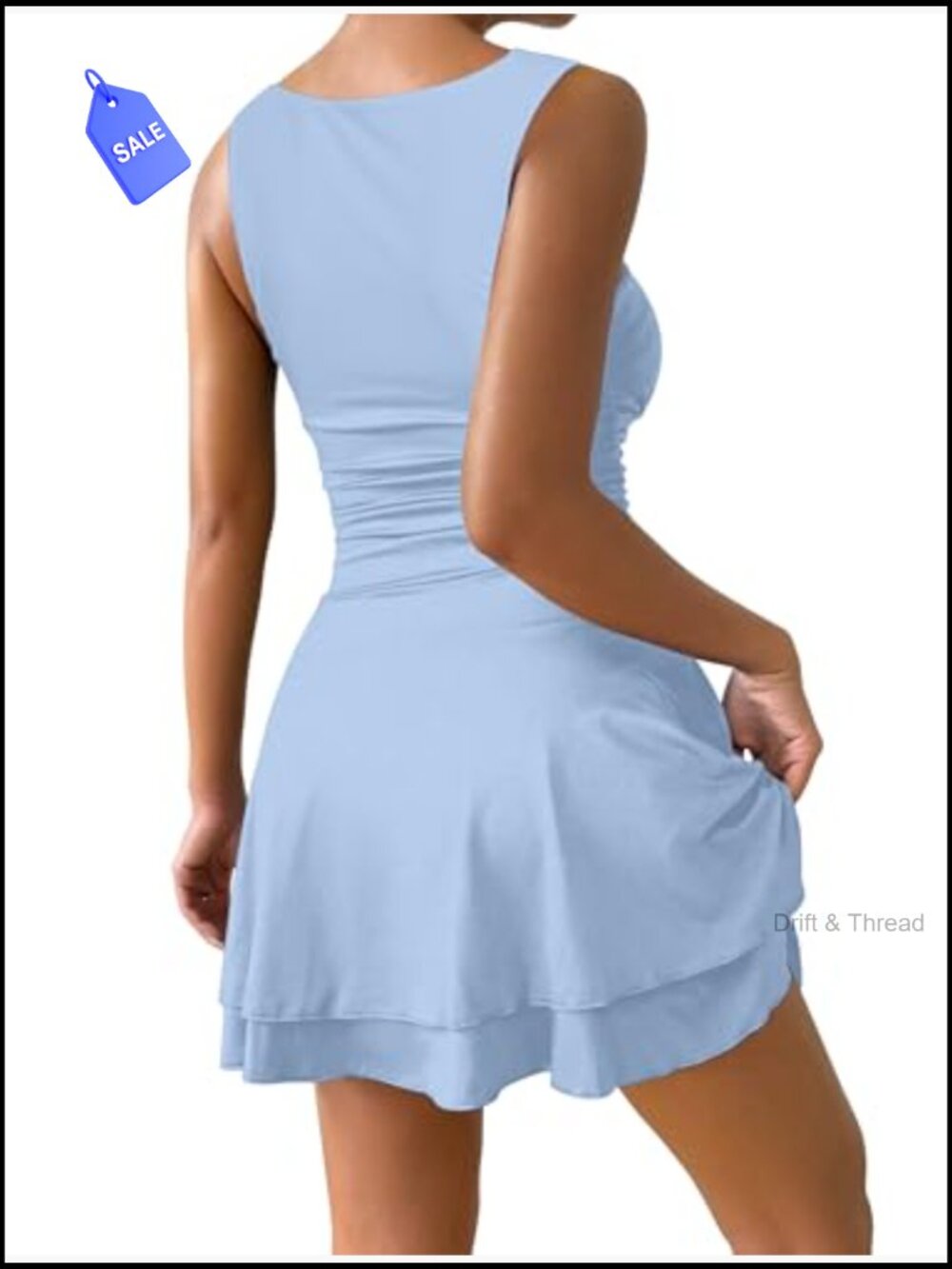 Sleeveless Square Neck A-Line Mini Dress with Ruched Waist and Ruffle Hem - Picture 4 of 7